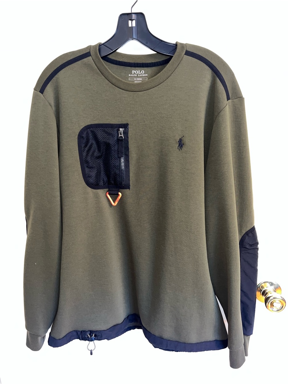 MENs Polo by Ralph Lauren Olive Pullover with Orange Hook Detail/Elbow design